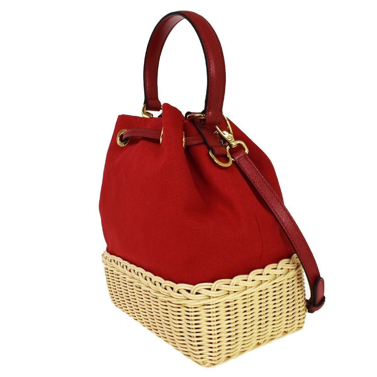 PRADA Logo Plage Wicker 2Way Shoulder Hand Bag Canvas Leather Red Gold 678RH125