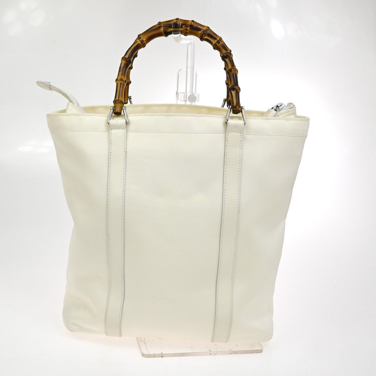 GUCCI Logo Bamboo Tote Handbag Nylon Patent Leather White SHW Italy 66KC967
