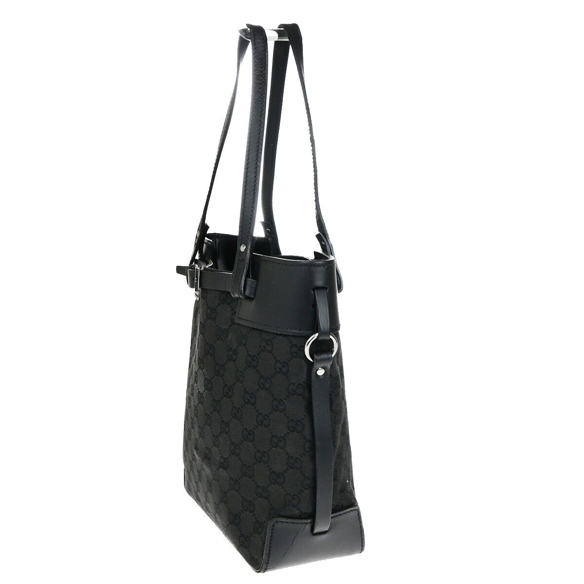 GUCCI Logo GG Pattern Shoulder Bag Canvas Leather Black Silver Italy 02EC919