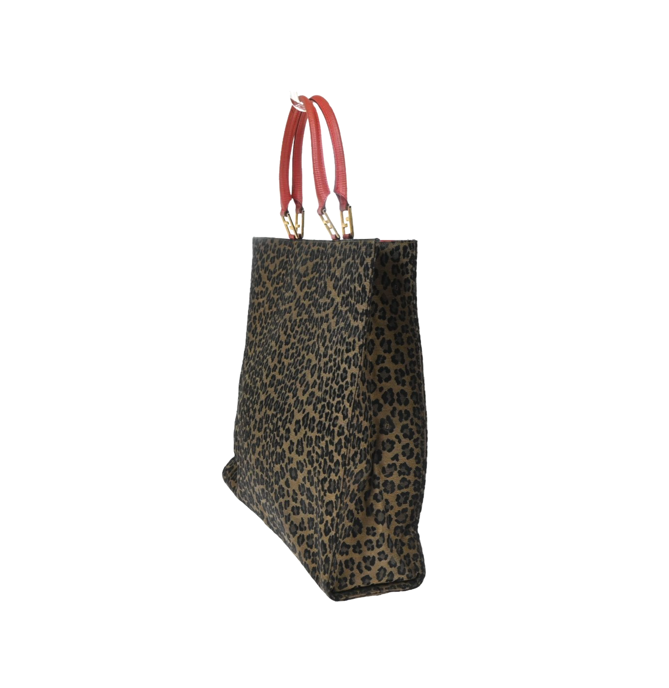 FENDI Logo Leopard Pattern Hand Bag Canvas Leather Brown Red Italy 38KD067