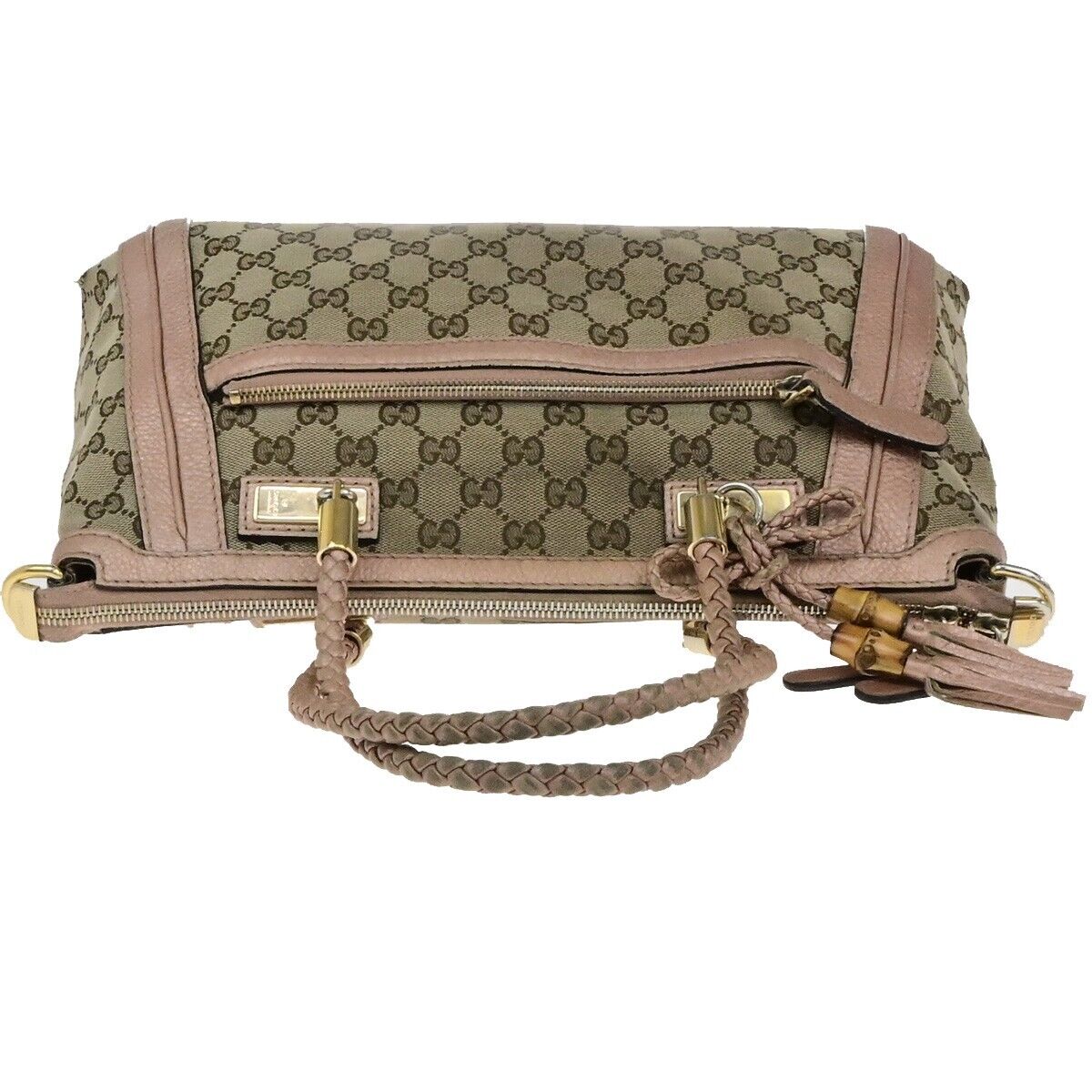 GUCCI Logo GG Pattern Shoulder Tote Bag Bamboo Canvas Leather Brown Pink 30EE118