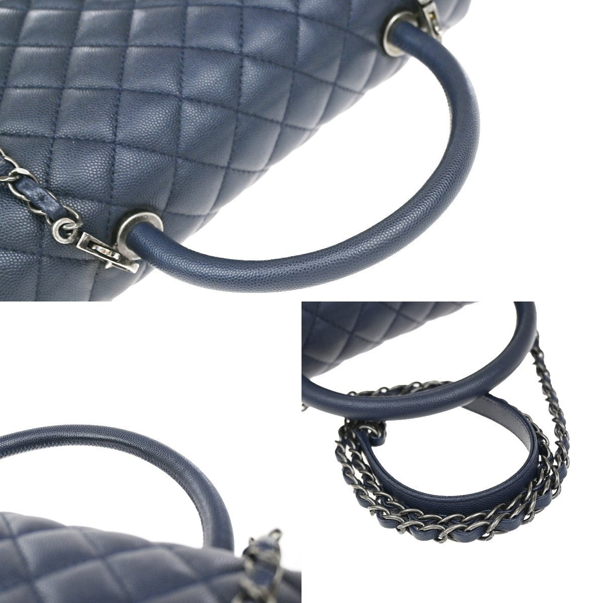 CHANEL 2Way Top Handle Chain Shoulder Bag Grained Calfskin Leather Blue 813RF792