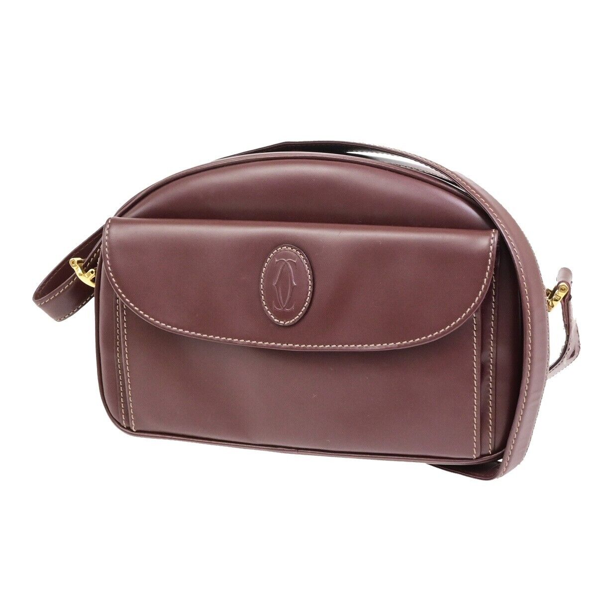 MUST DE CARTIER 2C Logos Shoulder Bag Leather Bordeaux Red Gold France 69FA310