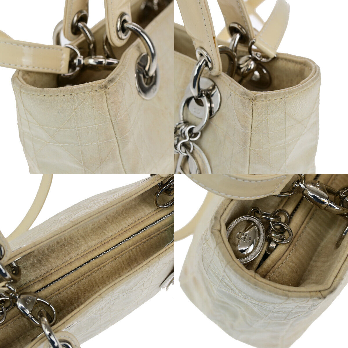 CHRISTIAN DIOR Lady Cannage 2Way Hand Bag Nylon Patent Leather Ivory SHW 81YG576