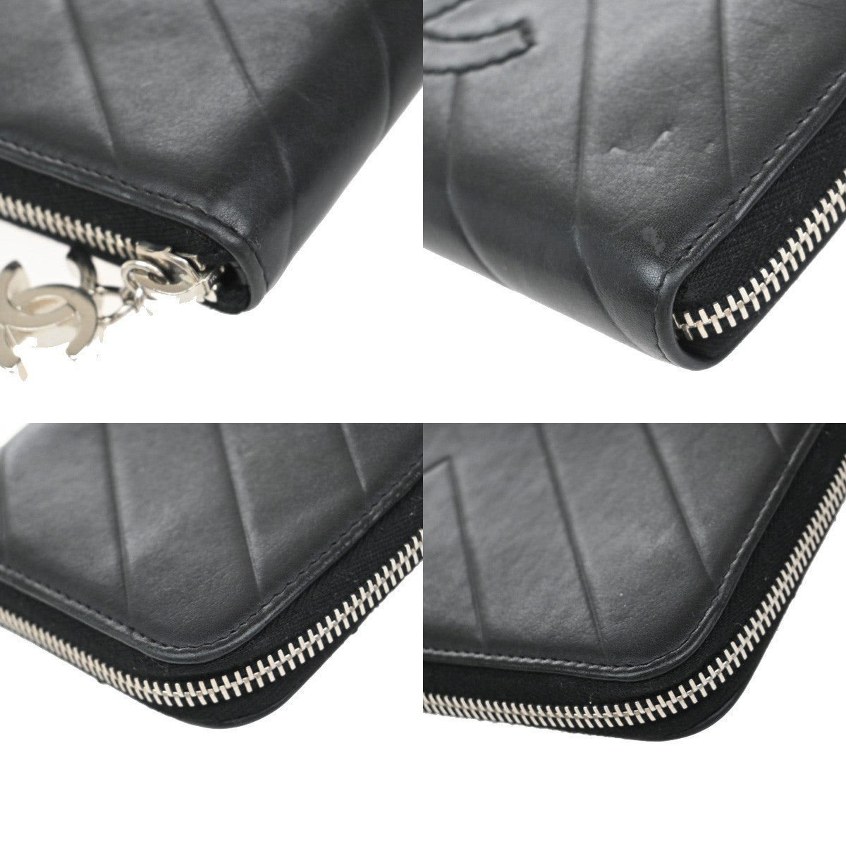CHANEL CC Logo V-stitch Zip Around Long Wallet Leather Black Silver 77RF674