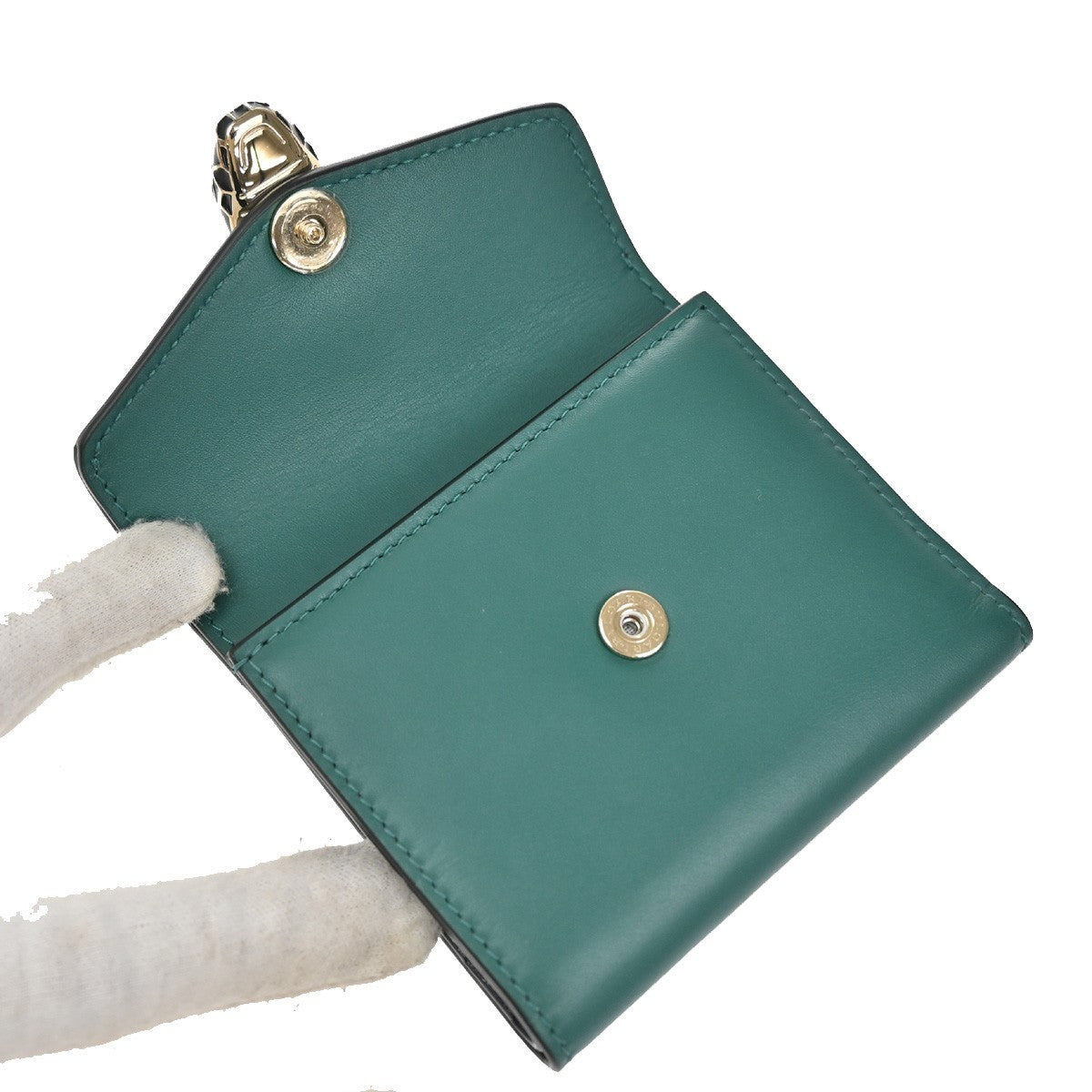 BVLGARI Serpenti Forever Trifold Wallet Leather Green Black snake Italy 39RL447