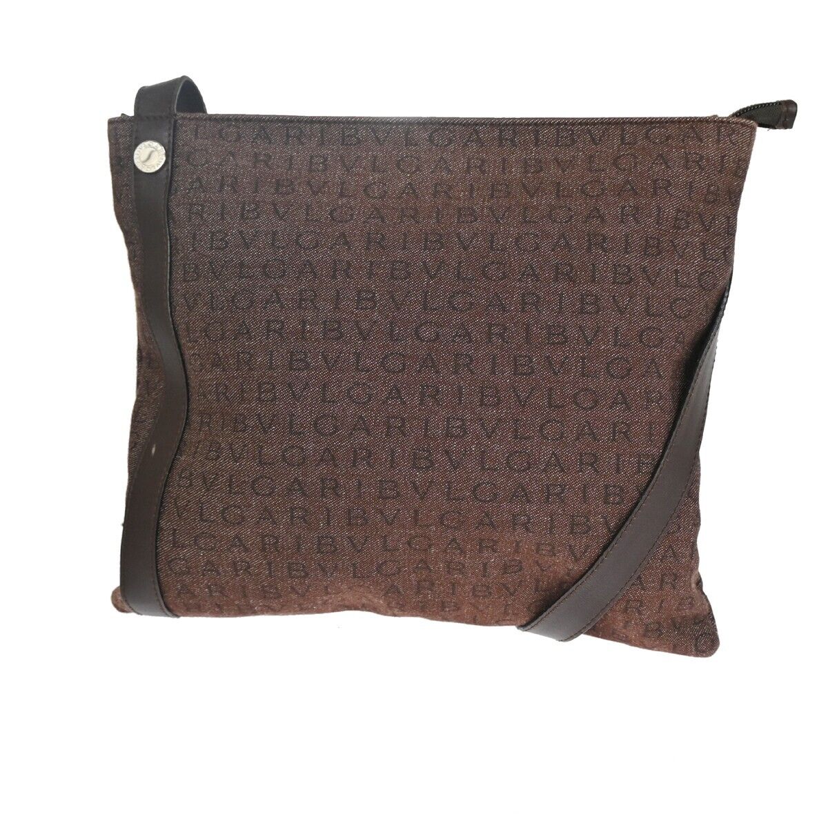 BVLGARI Logo MANIA Crossbody Shoulder Bag Canvas Leather Brown Silver 68DA075