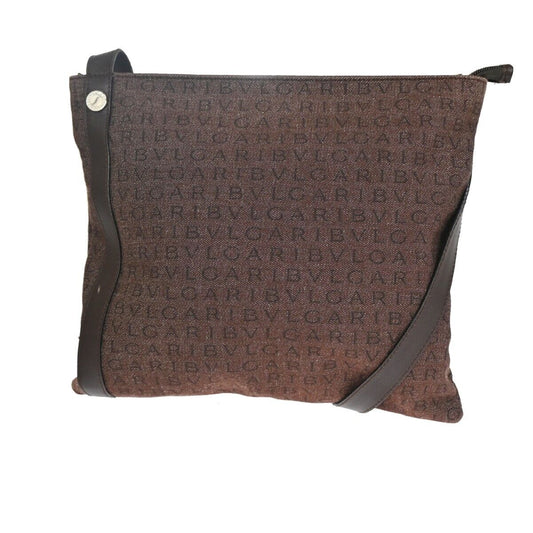 BVLGARI Logo MANIA Crossbody Shoulder Bag Canvas Leather Brown Silver 68DA075
