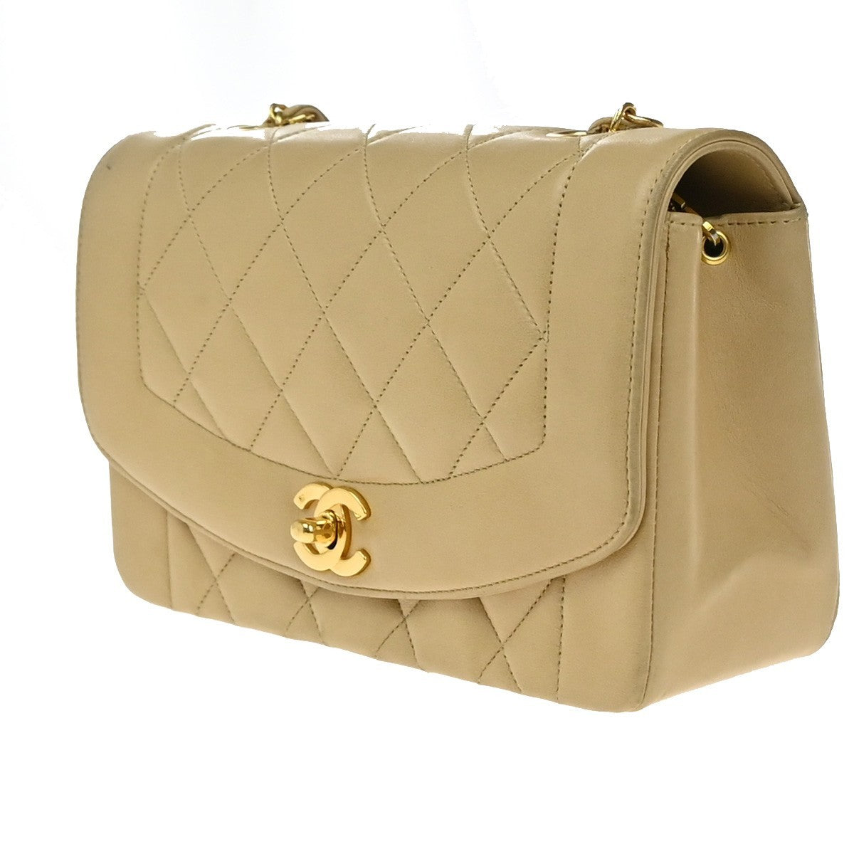CHANEL CC Diana Matelasse 22 Chain Shoulder Bag Leather Beige Vintage 850RP130