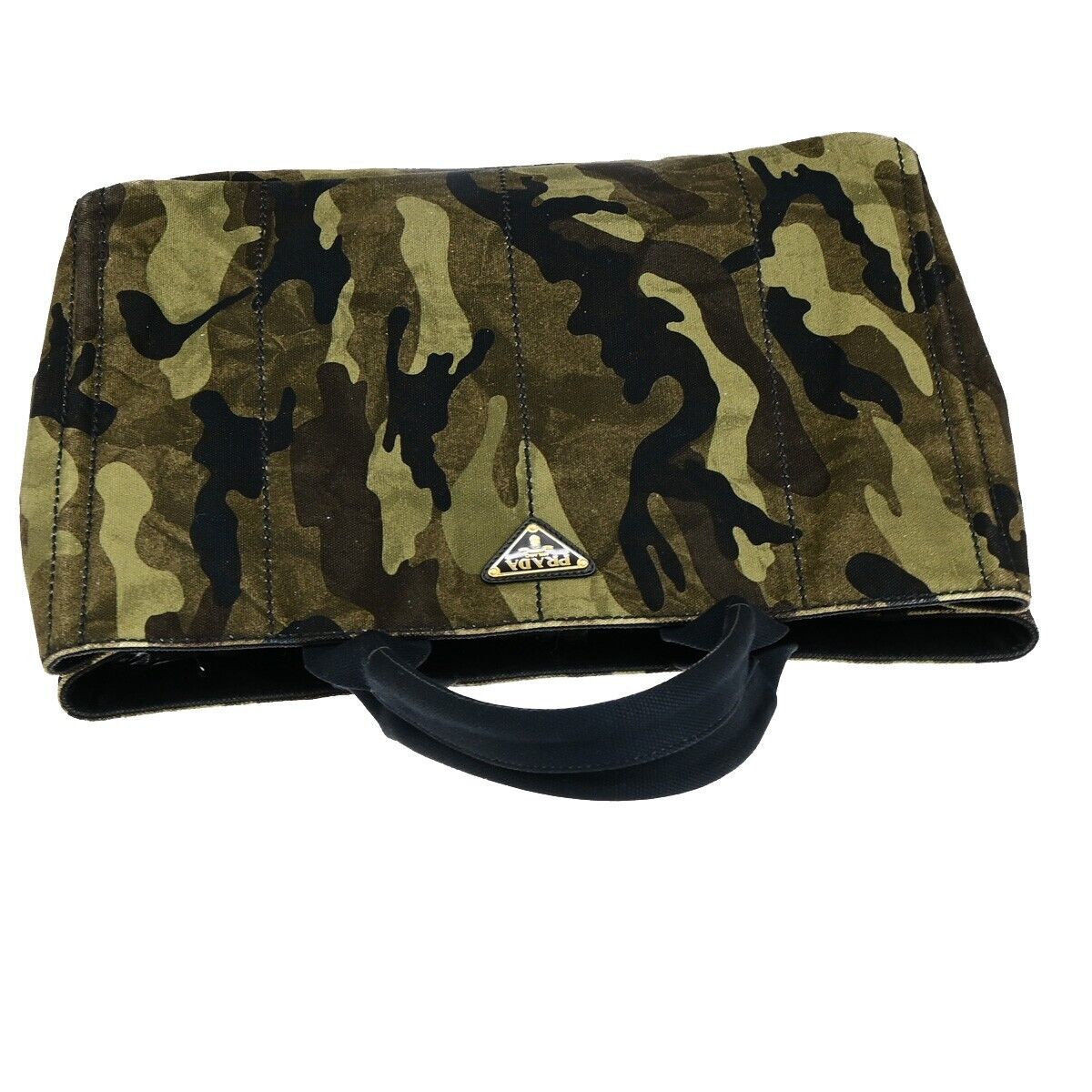 PRADA Logo Camouflage CANAPA Hand Tote Bag Canvas Leather Green GHW 77EC960