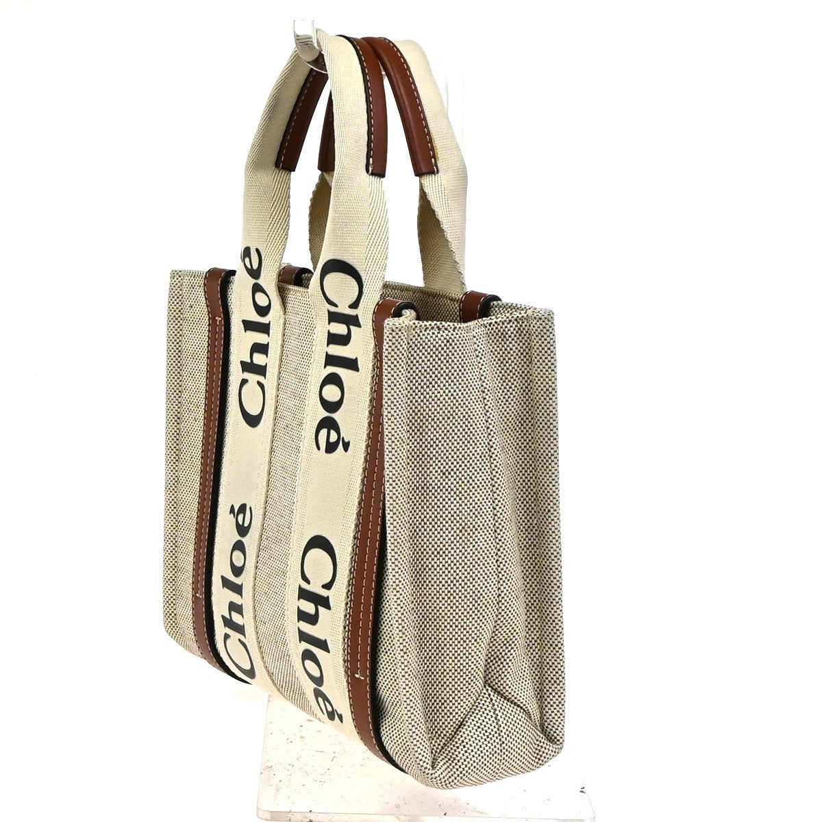 CHLOE Logo Woody Small Hand Tote Bag Canvas Leather Beige Brown Italy 77RQ021