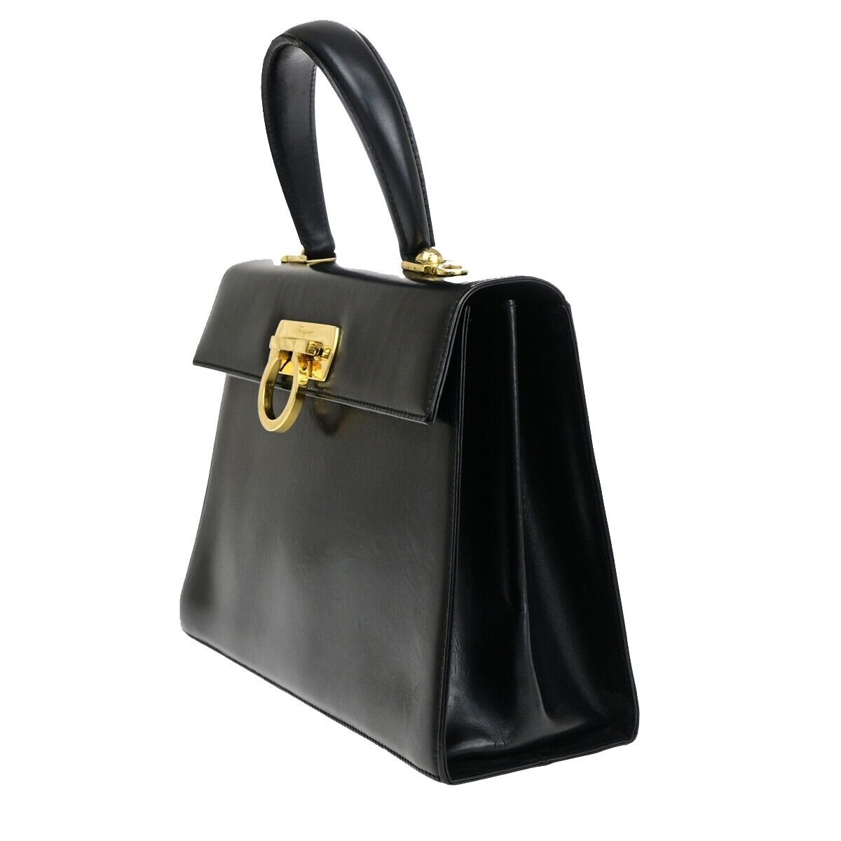 SALVATORE FERRAGAMO Logo Gancini Hand Bag Leather Black GHW Italy 36EC236