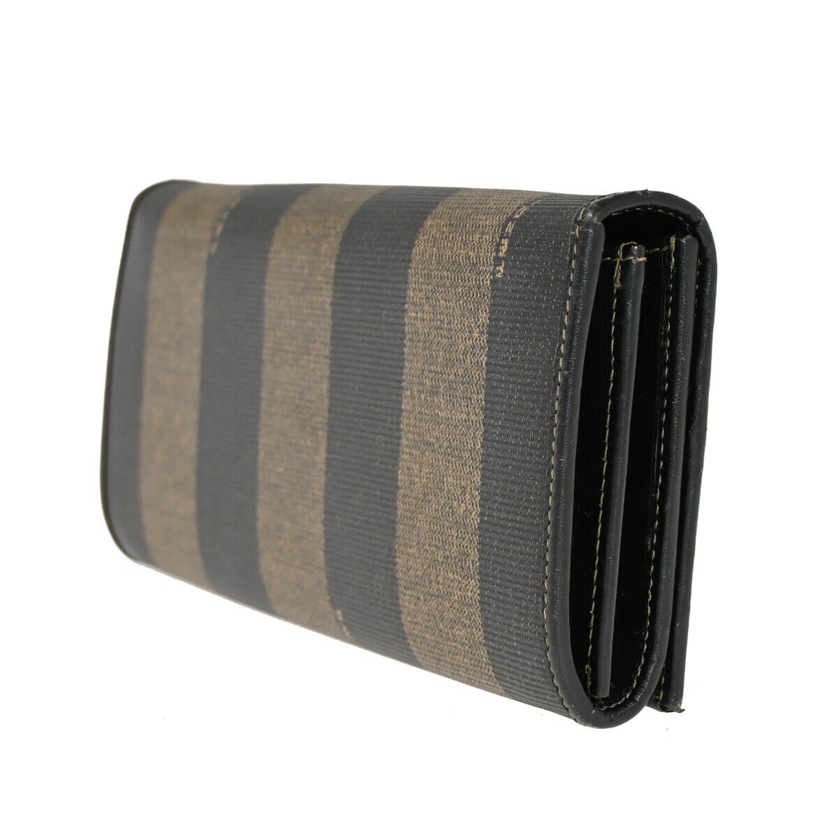 FENDI Logo Pequin Bifold Long Wallet Purse PVC Leather Brown Black Italy 04RH855