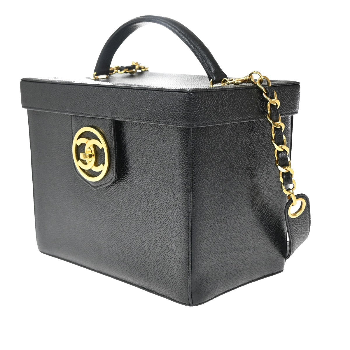 CHANEL 2Way Vanity Shoulder Hand Bag Calfskin Leather Black Vintage 648RP031