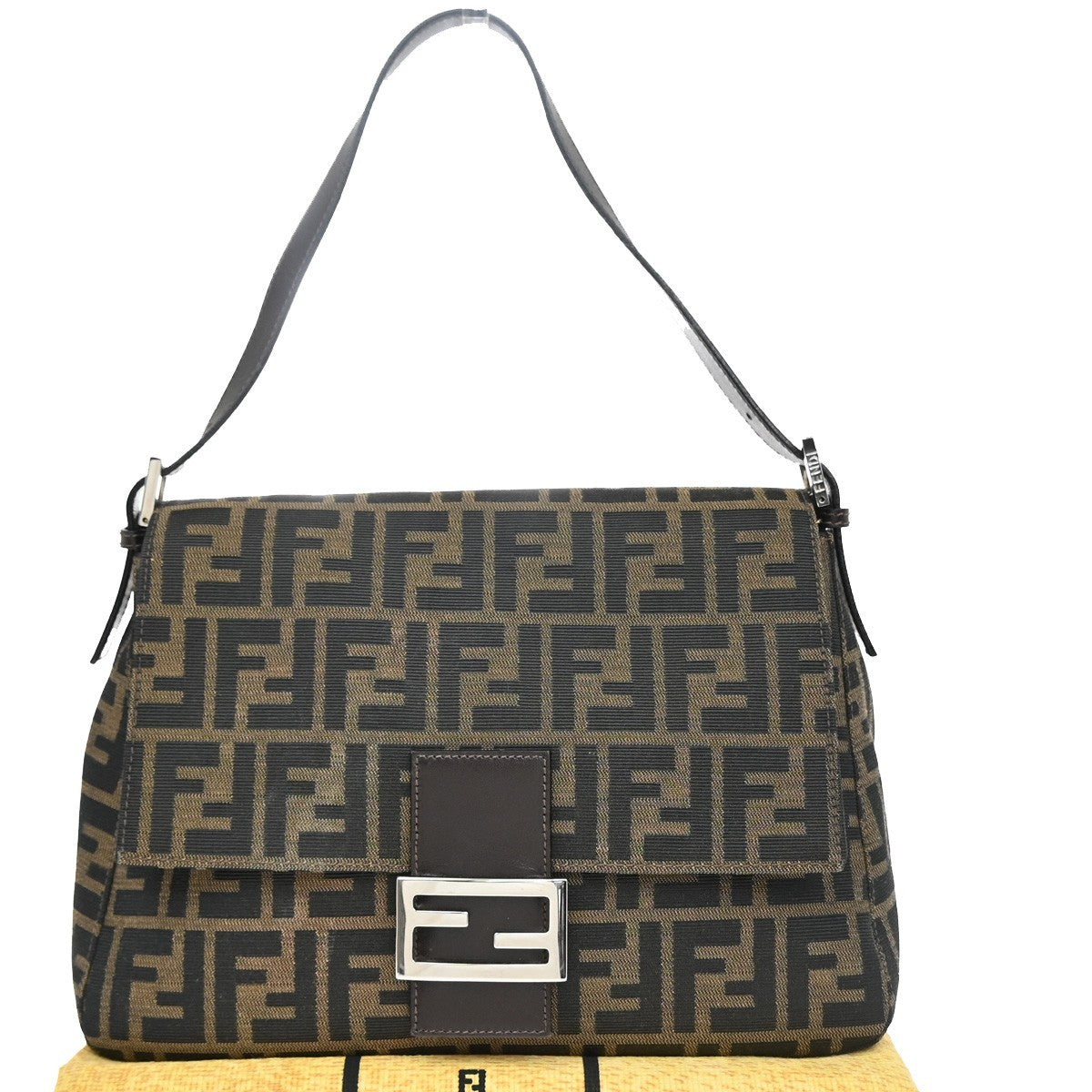 FENDI Logo Mamma Zucca Pattern Shoulder Bag Canvas Leather Brown Italy 46RF693