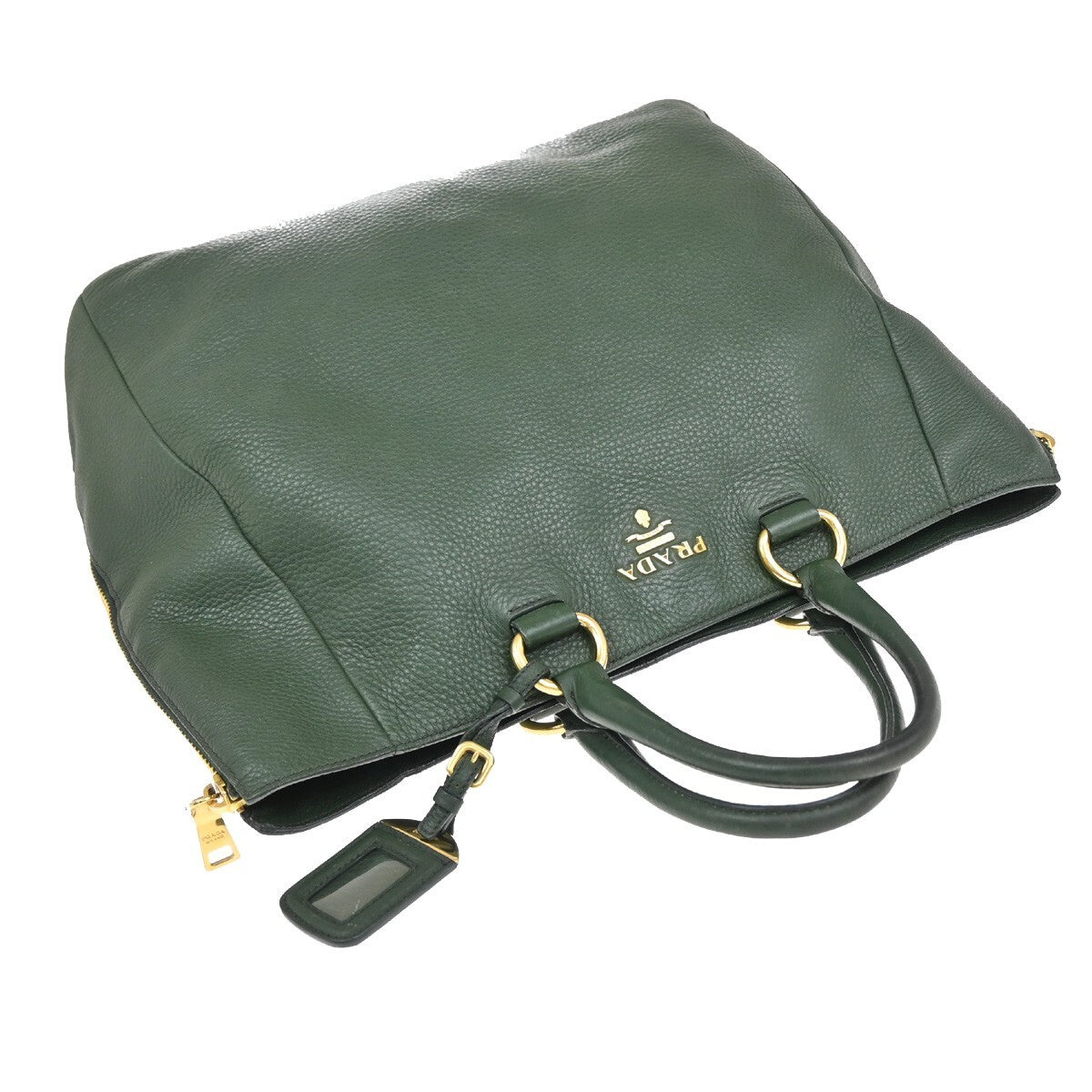 PRADA Logo Shoulder Hand Tote Bag Vitello Daino Leather Green GHW 12FB715