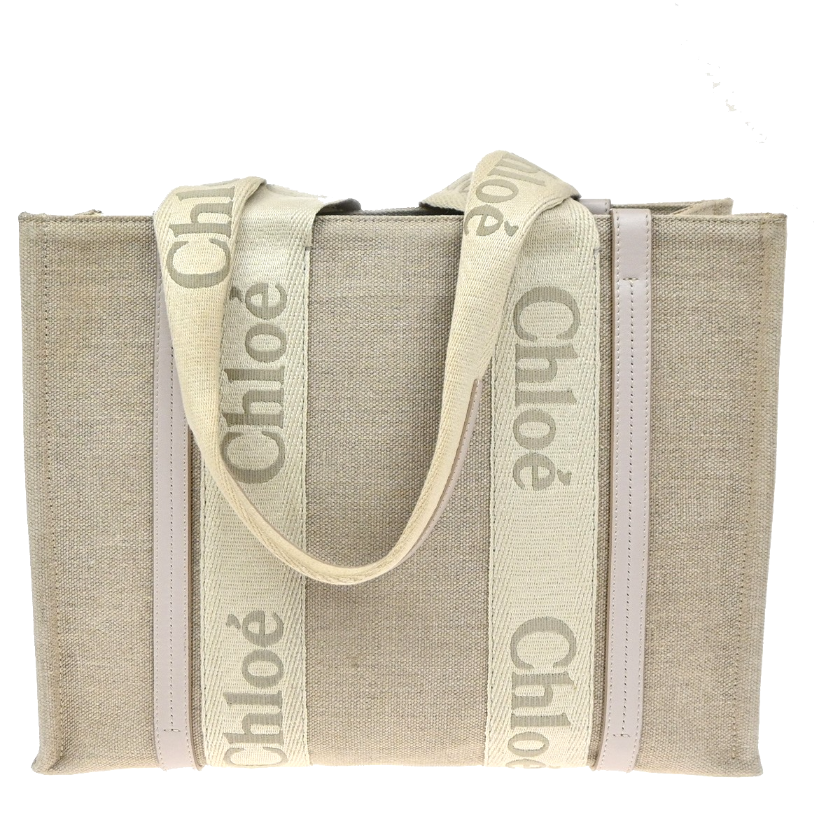 CHLOE Logo Woody Medium Shoulder Tote Bagi Linen Leather Beige Italy 84YJ242