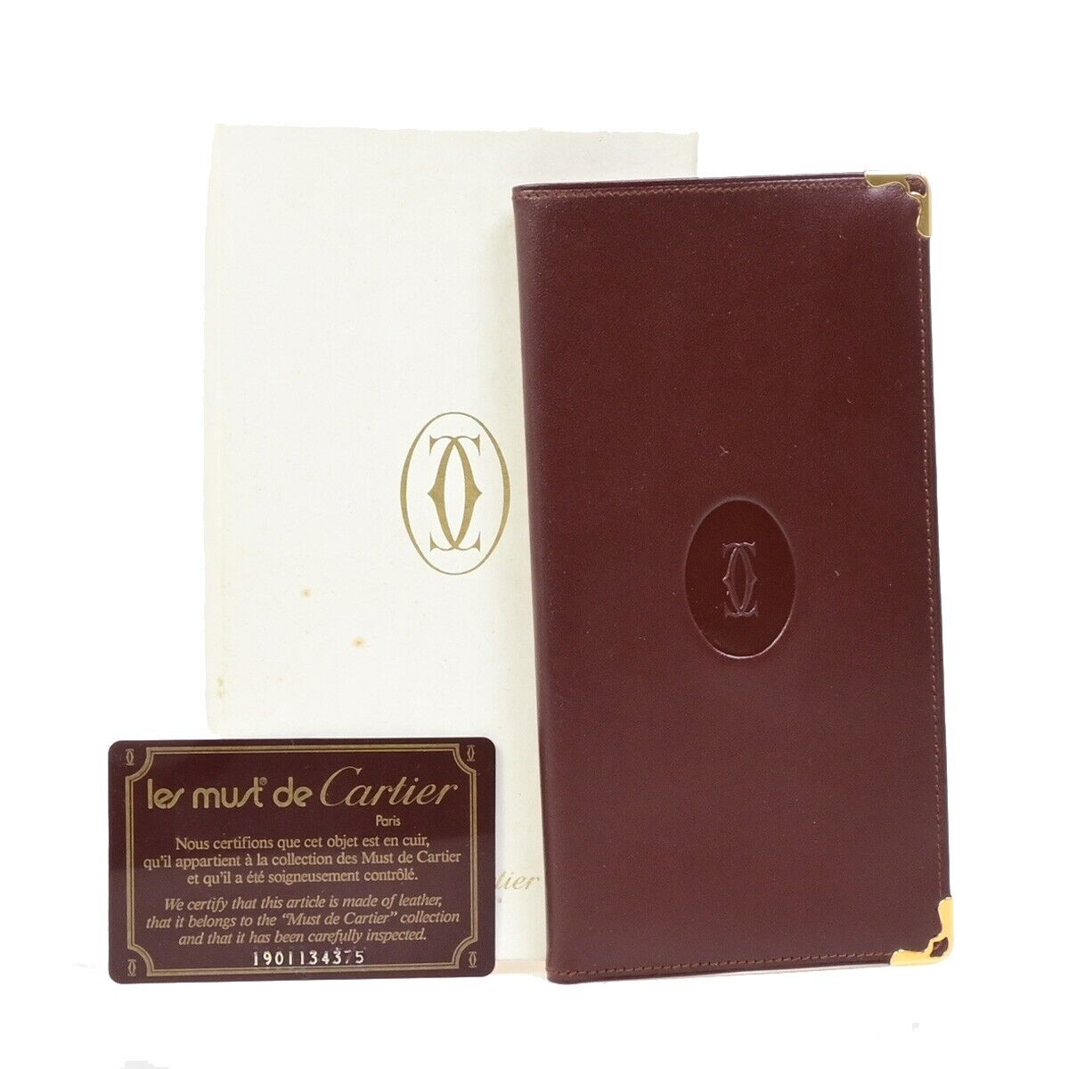 Must De Cartier 2C Logo Vertical Long Bifold Wallet Leather Bordeaux 09EB804