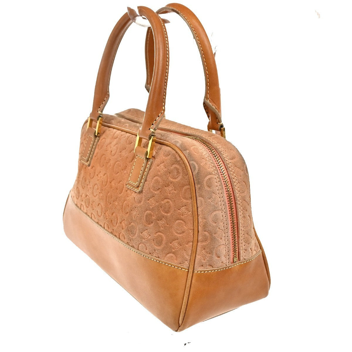 CELINE Logo C Macadam Pattern Hand Bag Suede Leather Orange Brown Italy 68MA192
