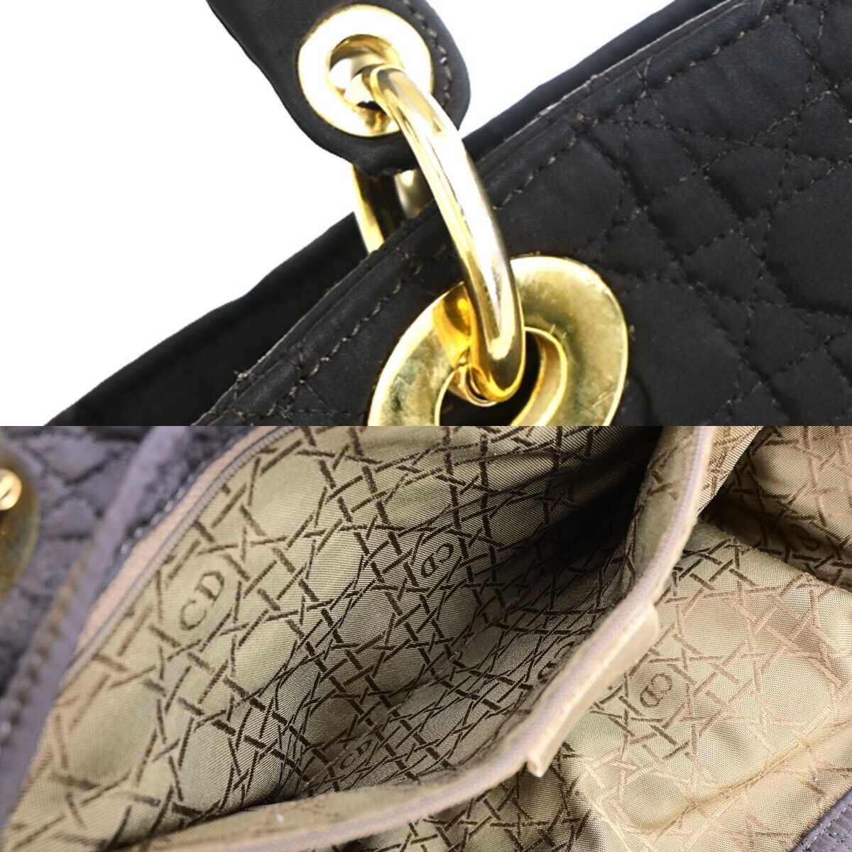 CHRISTIAN DIOR Logo Lady Cannage Hand Bag Canvas Leather Black GHW Italy 88EC943