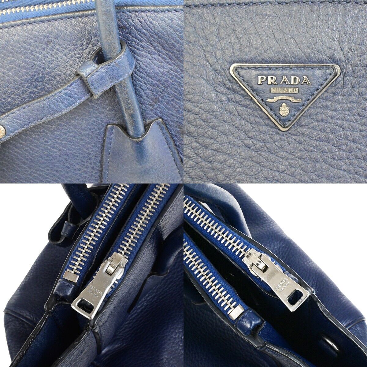 PRADA Milano Logo Shoulder Hand Bag Leather Navy Blue SHW Italy 31ED928