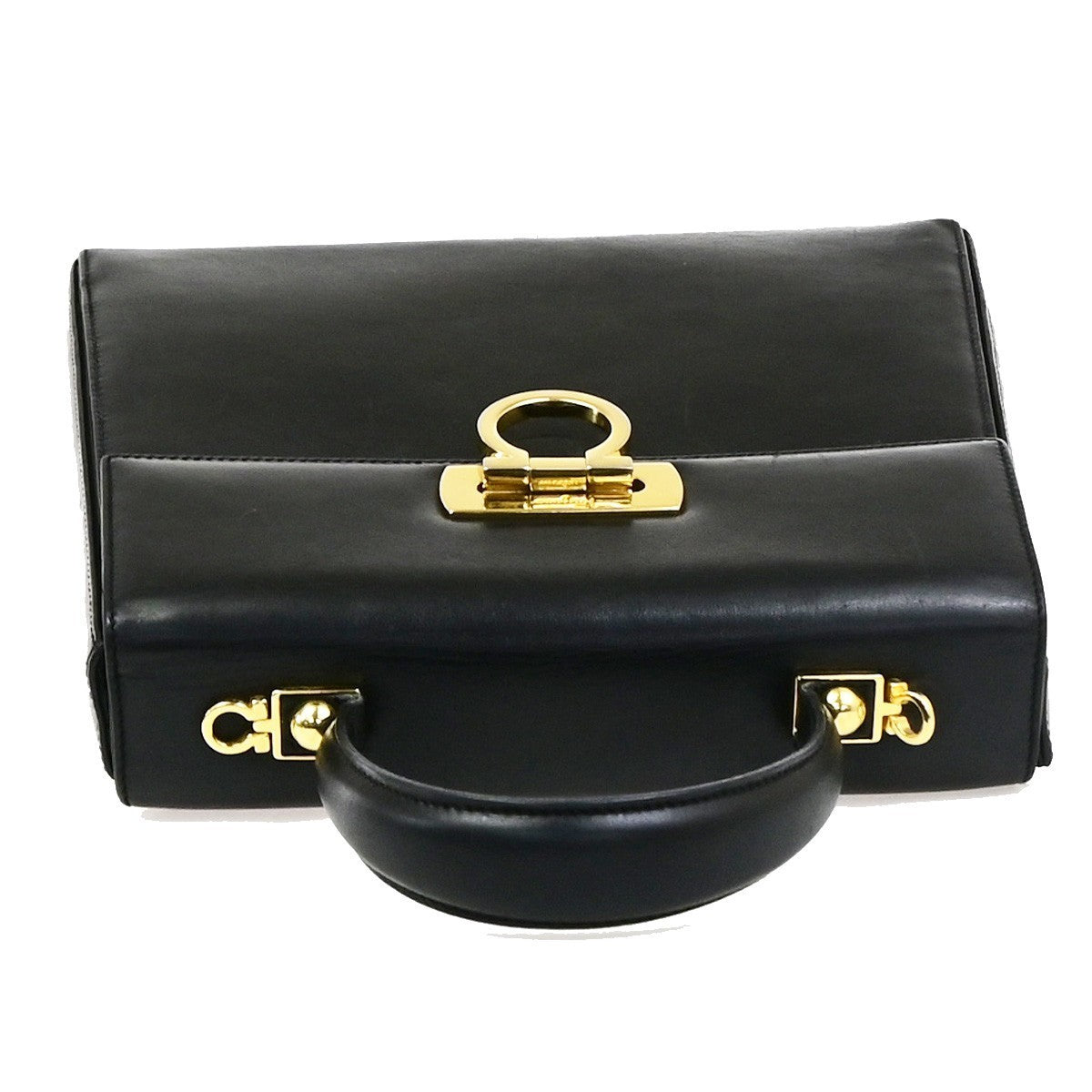 SALVATORE FERRAGAMO Logo Gancini Hand Bag Leather Black GHW Italy 38KD151