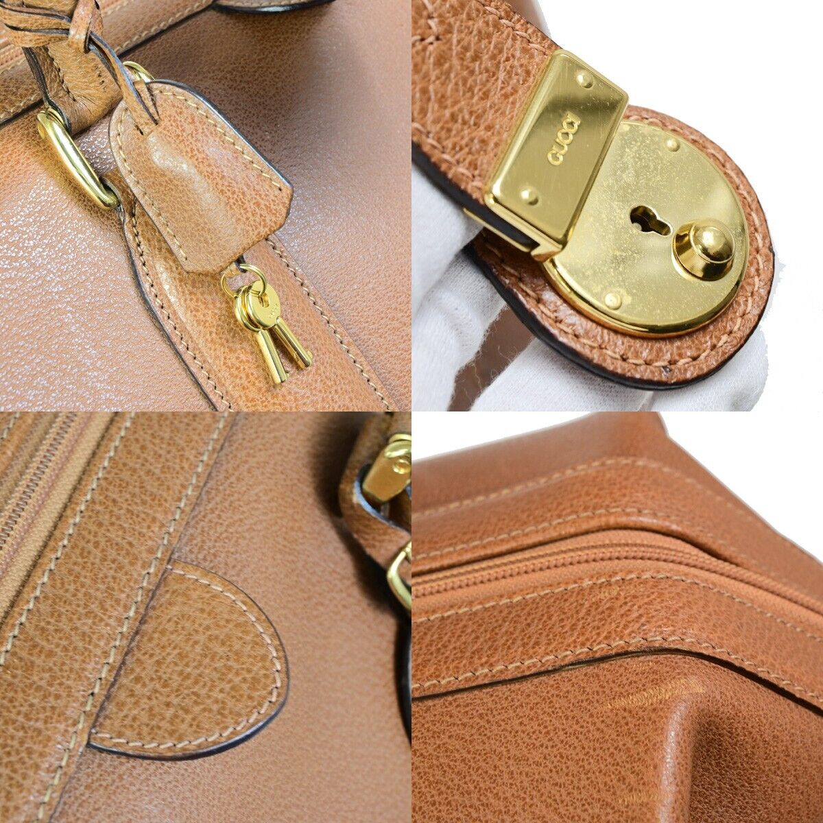 GUCCI Logo Camel Travel Hand Bag Leather Brown GWH Made In Italy 33FA974
