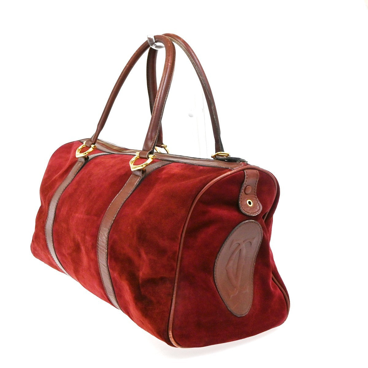 CARTIER Logo Boston Hand Bag Suede Leather Red Burgundy GHW 02CB004