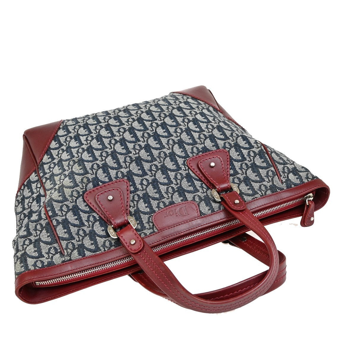 CHRISTIAN DIOR Trotter Pattern Hand Bag Canvas Leather Navy Blue Red 16EE257