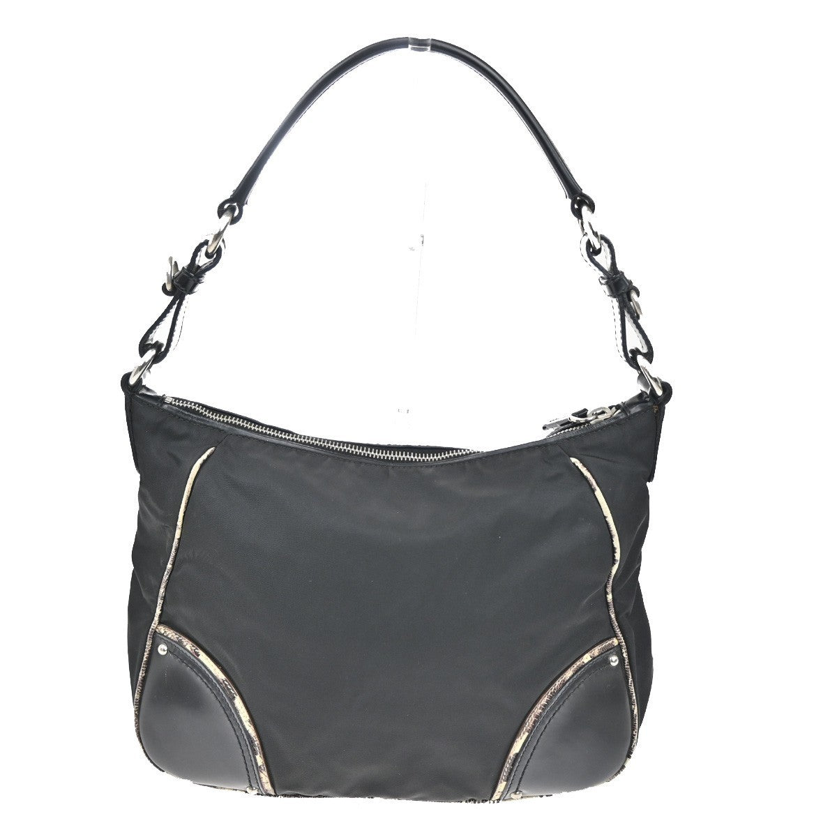 PRADA LOGO Tessuto Shoulder Bag Nylon Embossing Leather Black White SHW 34KC287
