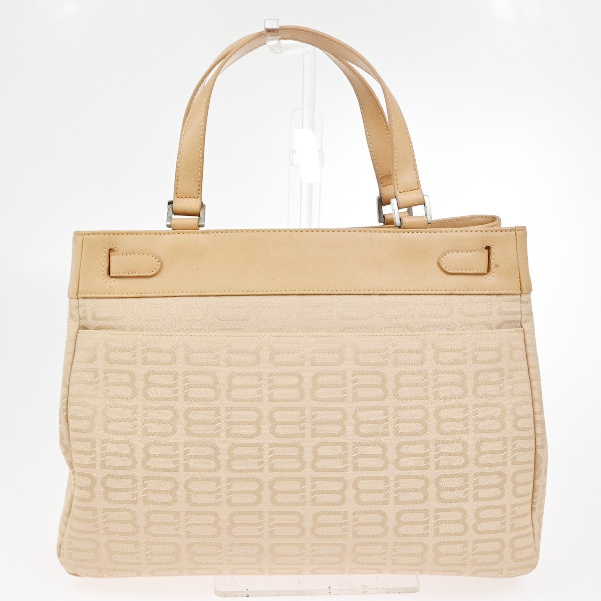 BALENCIAGA Logo BB Pattern Hand Tote Bag Canvas Leather Beige SHW 09CA910
