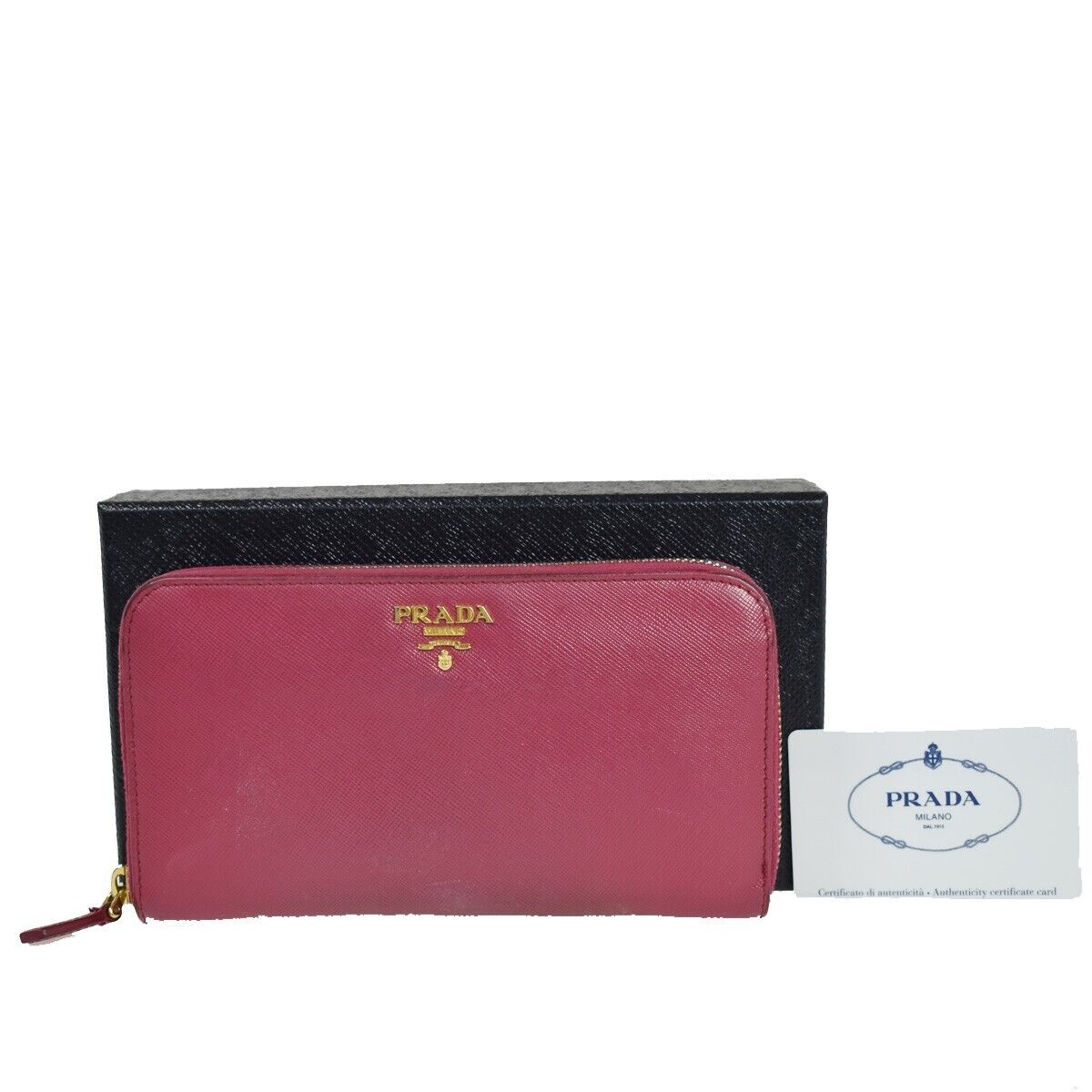 PRADA Logo Long Bifold Wallet Purse Saffiano Leather Pink Gold Italy 68GA564