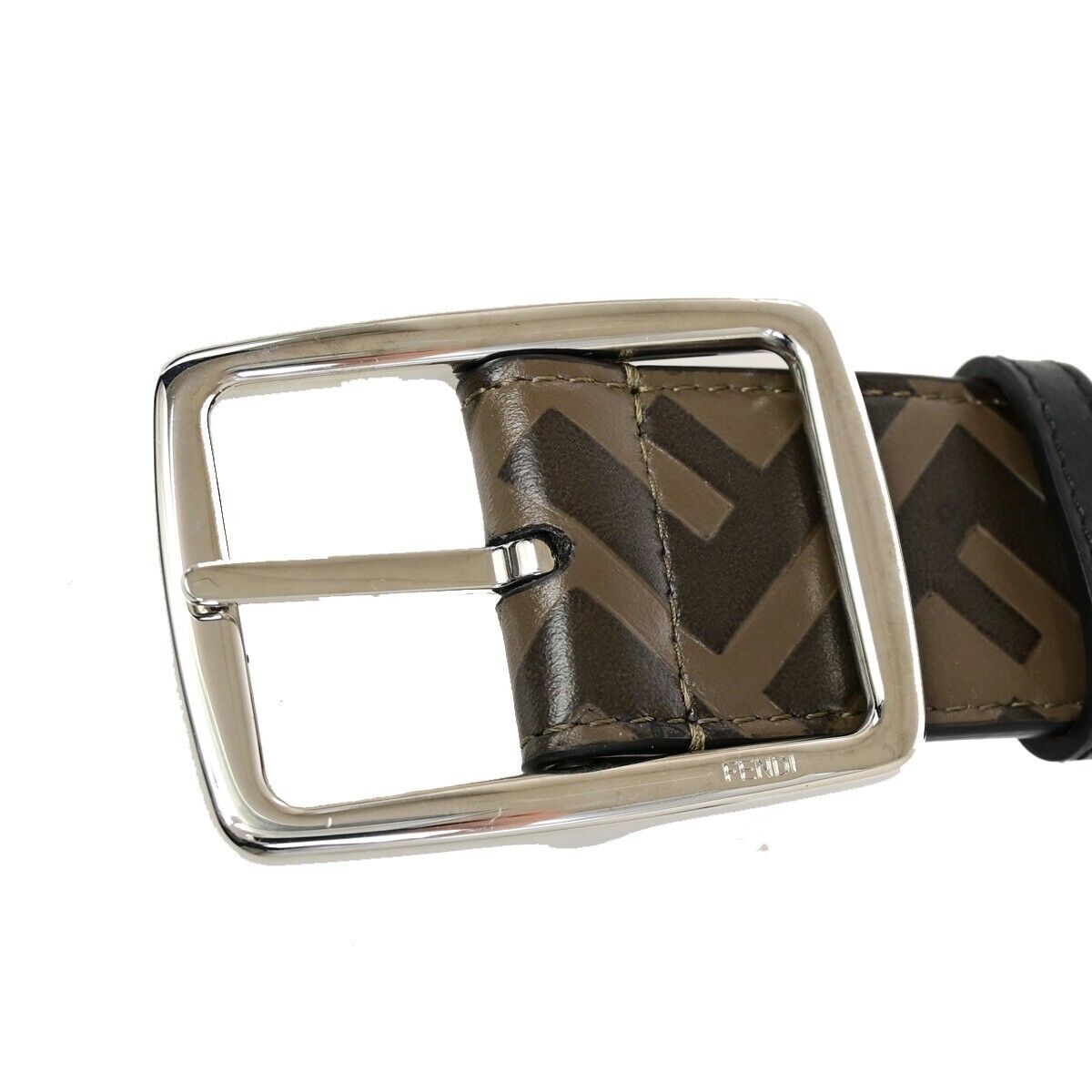 FENDI Logo Zucca Pattern Belt Buckle Leather #80/32 Black Brown SHW 37YF076