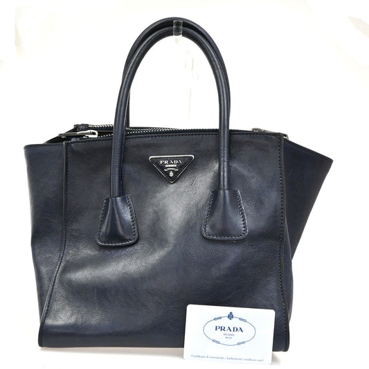 PRADA Logo Shoulder Hand Bag Glace Calf Leather Navy Blue Baltico SHW 35KC277