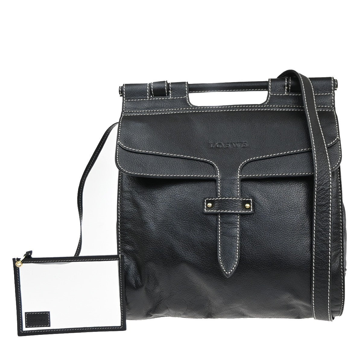 LOEWE Logo 2way Crossbody Shoulder Hand Bag Leather Black GHW 77MA633