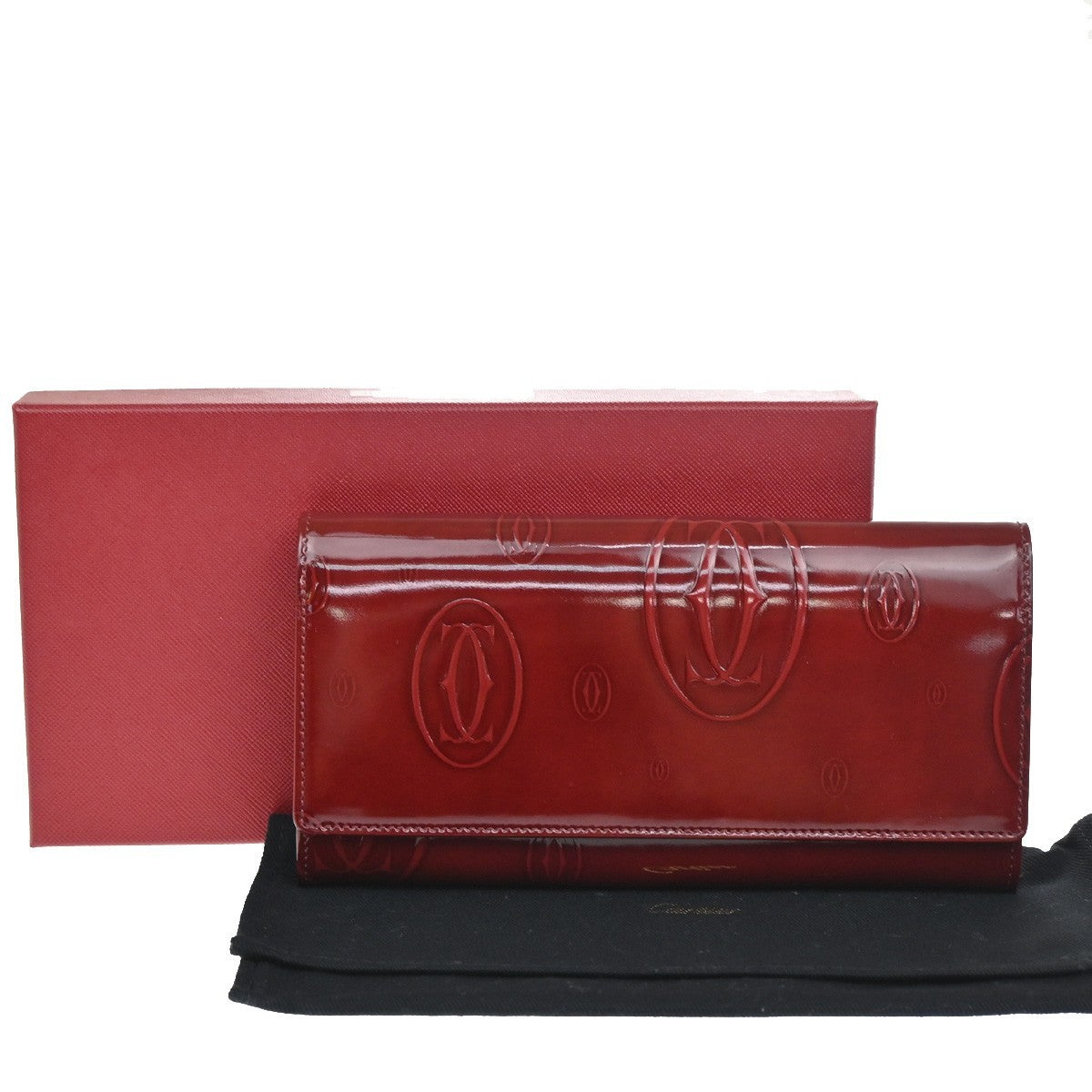 CARTIER 2C Logo Happy Brithday Bifold Wallet Patent Leather Red SHW 66RL556