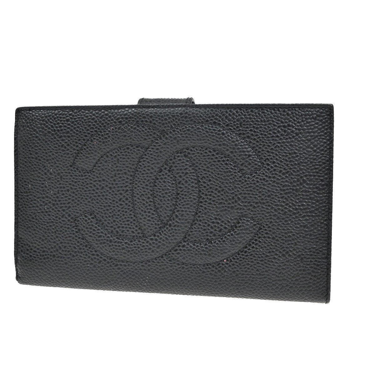 CHANEL CC LOGO Long Bifold Wallet Grained Calfskin Leather Black France 77RL156