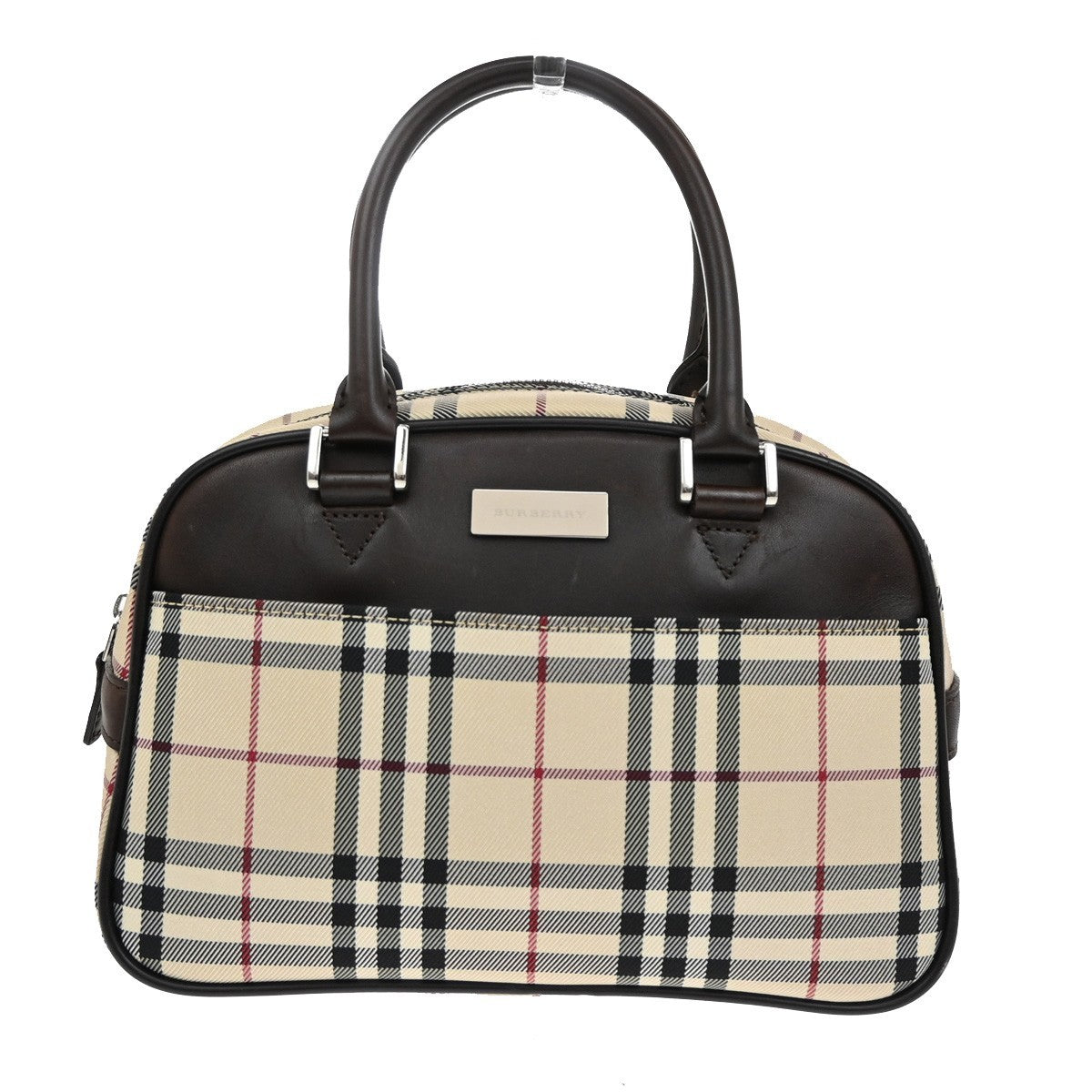 BURBERRY Logo Nova Check Hand Bag Canvas Leather Brown Silver 38KB493