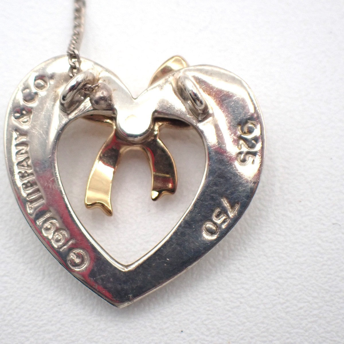 TIFFANY & CO. Logo Ribbon Heart 16mm Chain Necklace AG925 Gold 750 63KC886