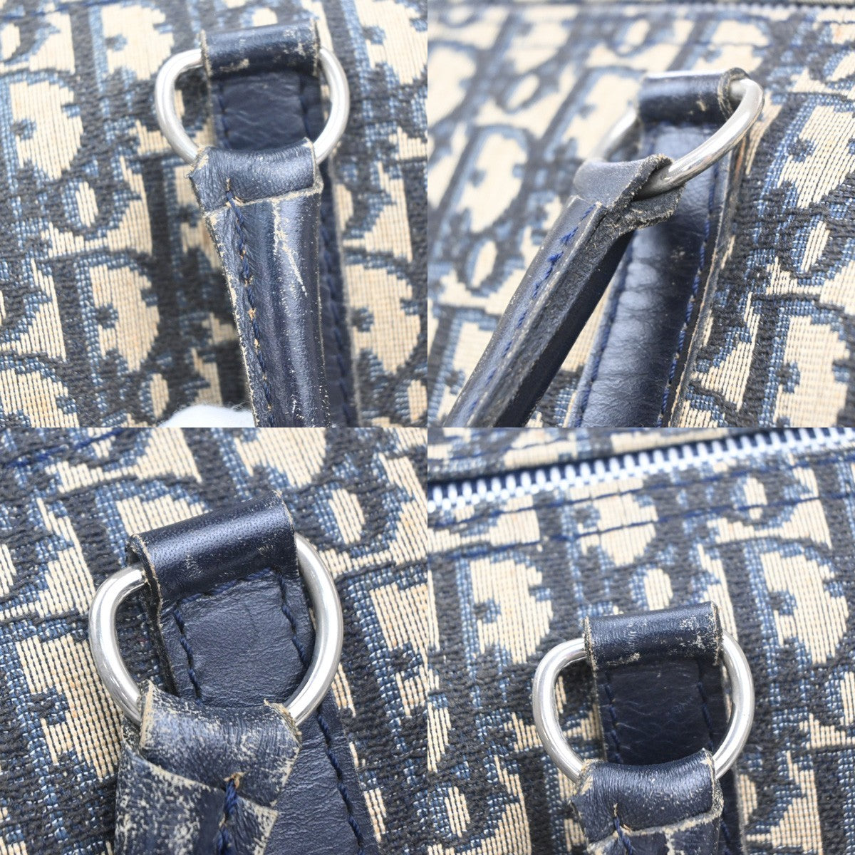 CHRISTIAN DIOR Logo Trotter Boston Hand Bag Canvas Leather Blue France 73MA573
