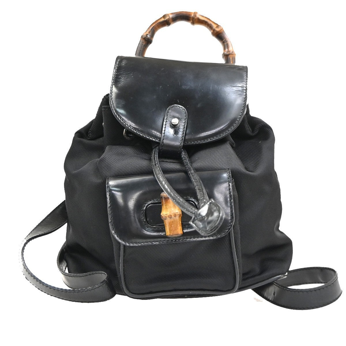 GUCCI Logo Bamboo Backpack Bag Leather Nylon Black Italy 04KP347
