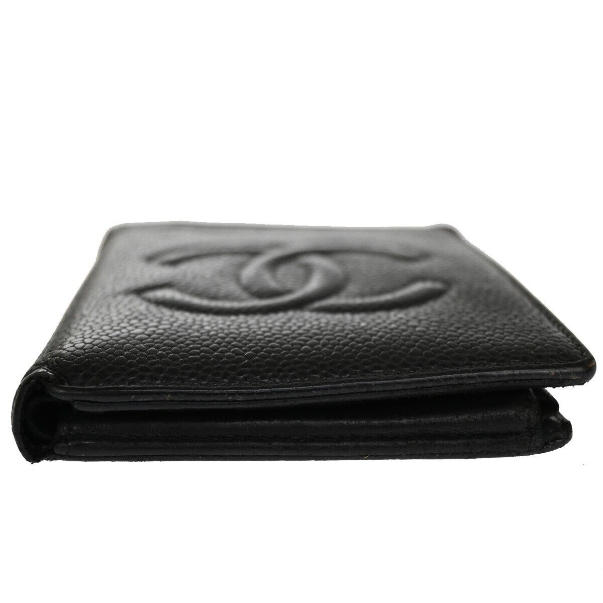 CHANEL CC Logo Bifold Wallet Caviar Skin Leather Black France Vintage 60EA462