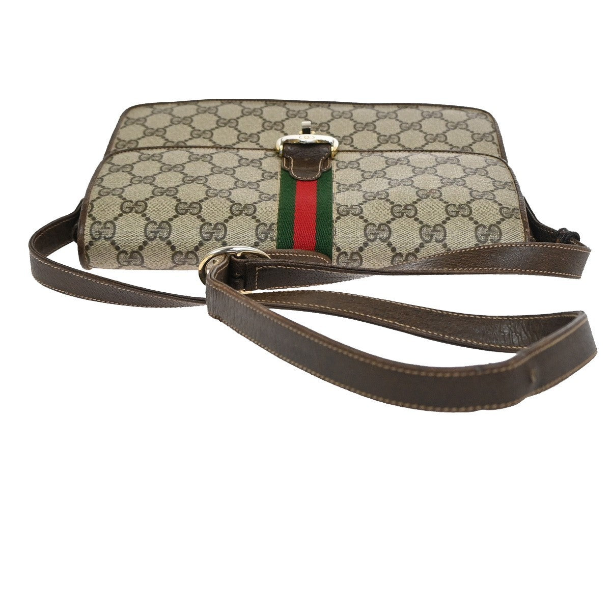 GUCCI Logo GG Pattern Sherry Flap Shoulder Bag PVC Leather Brown GHW 67KC907