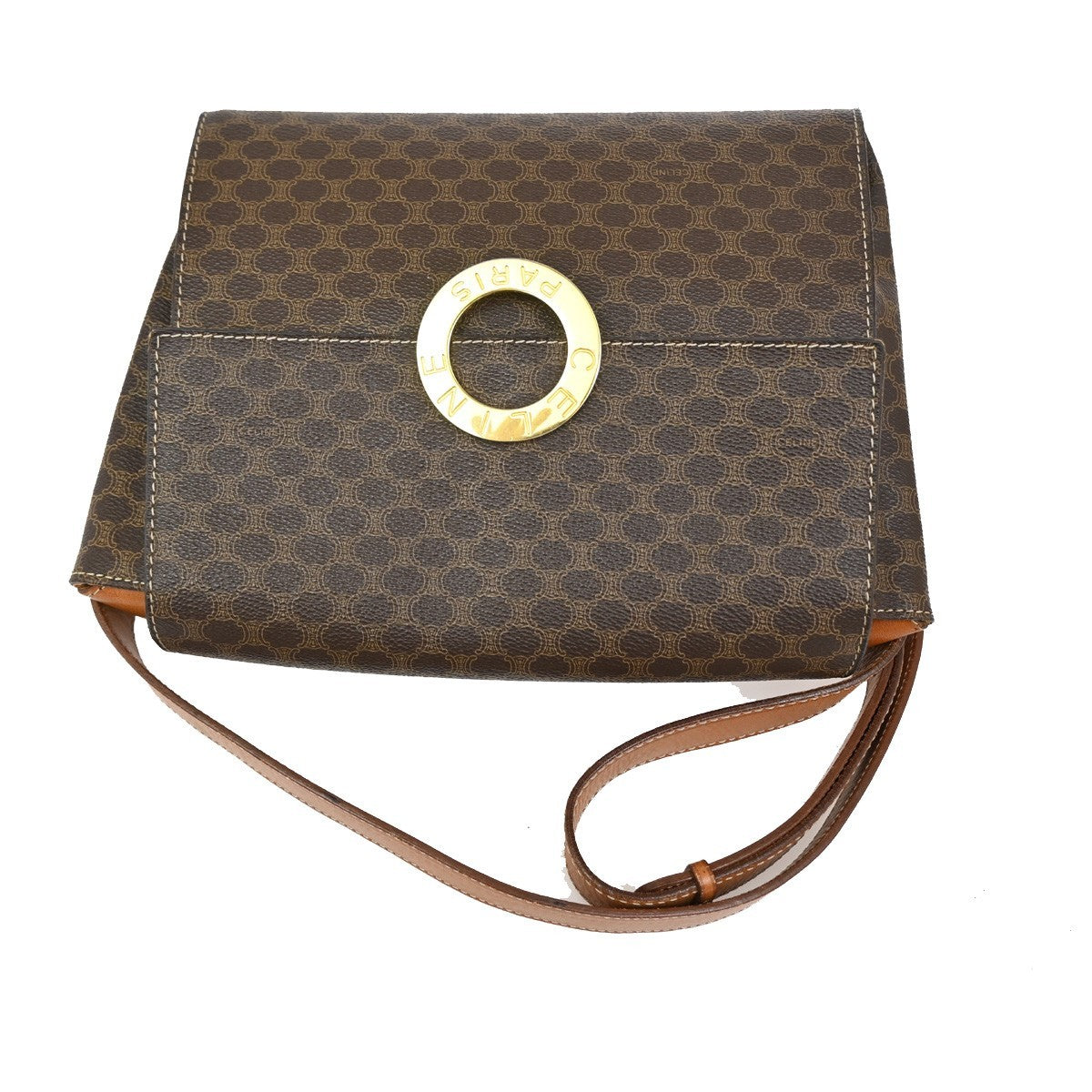 CELINE Macadam Circle Logo Shoulder Bag PVC Leather Brown GHW 88TA110