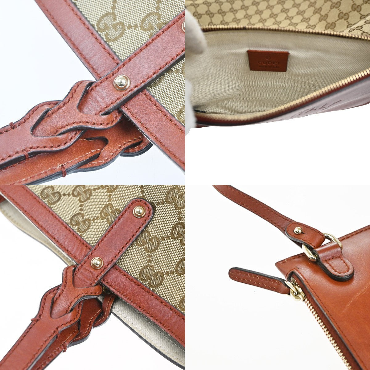 GUCCI Logo GG Pattern Shoulder Tote Bag Canvas Leather Brown Red 73CA651