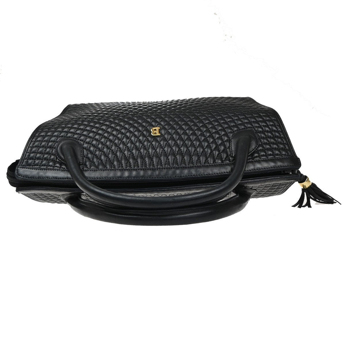 BALLY Logo Tassel Hand Bag Quilted Leather Black GHW Italy 09MA542