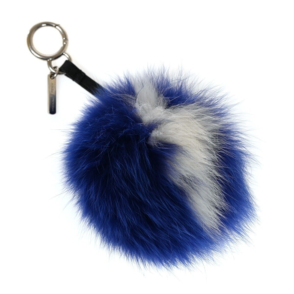 FENDI Logo Pompom Bag Charm Key Chain Fox Fur Leather Bicolor Blue Italy 04GA309