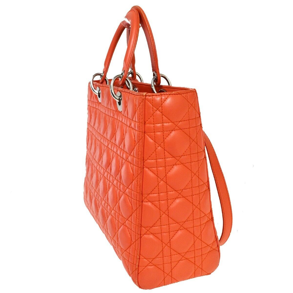 CHRISTIAN DIOR Logo Lady Cannage 2Way Shoulder Hand Bag Leather Orange 691RC569
