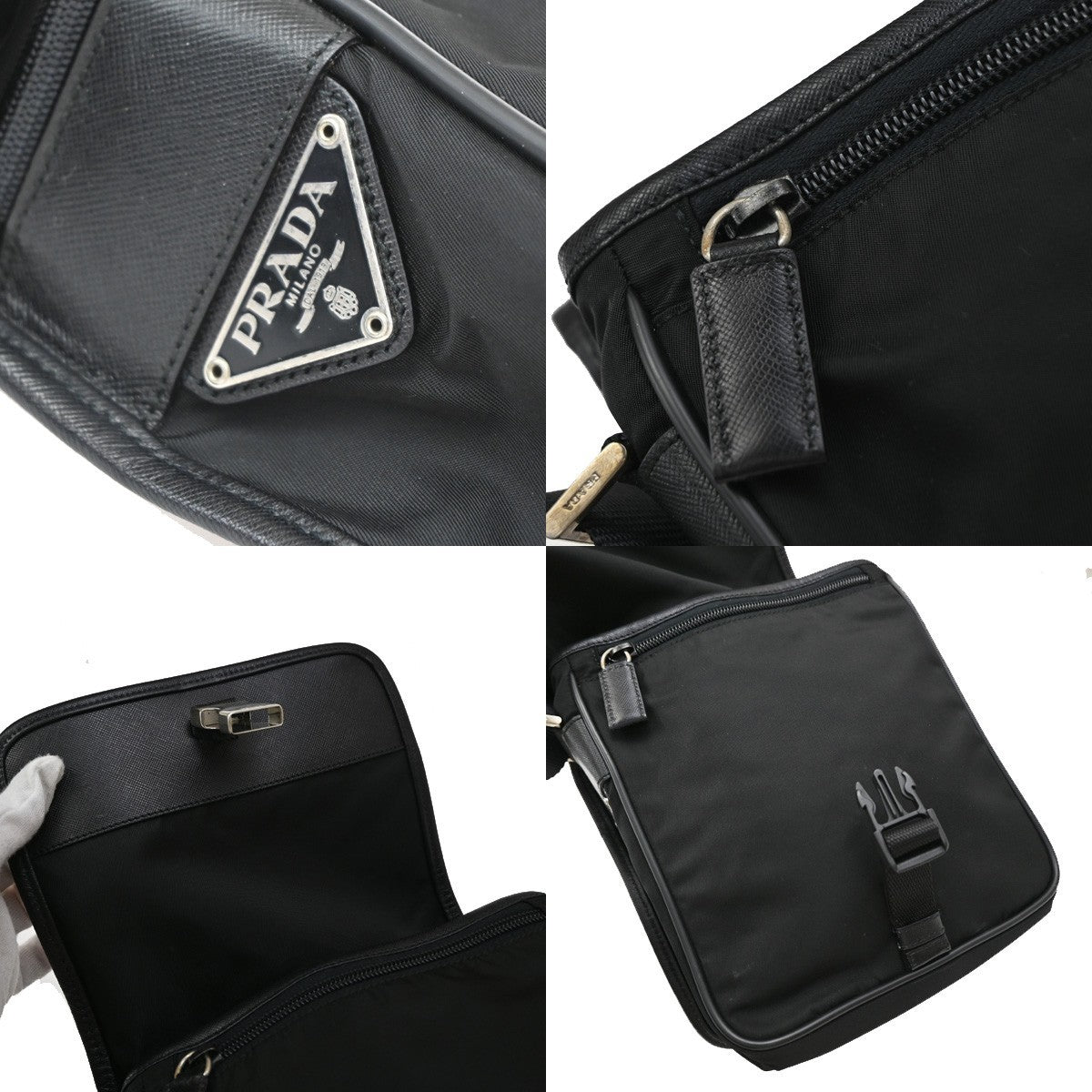 PRADA MILANO Tessuto Messenger Shoulder Bag Nylon Leather Black Silver 87KA852