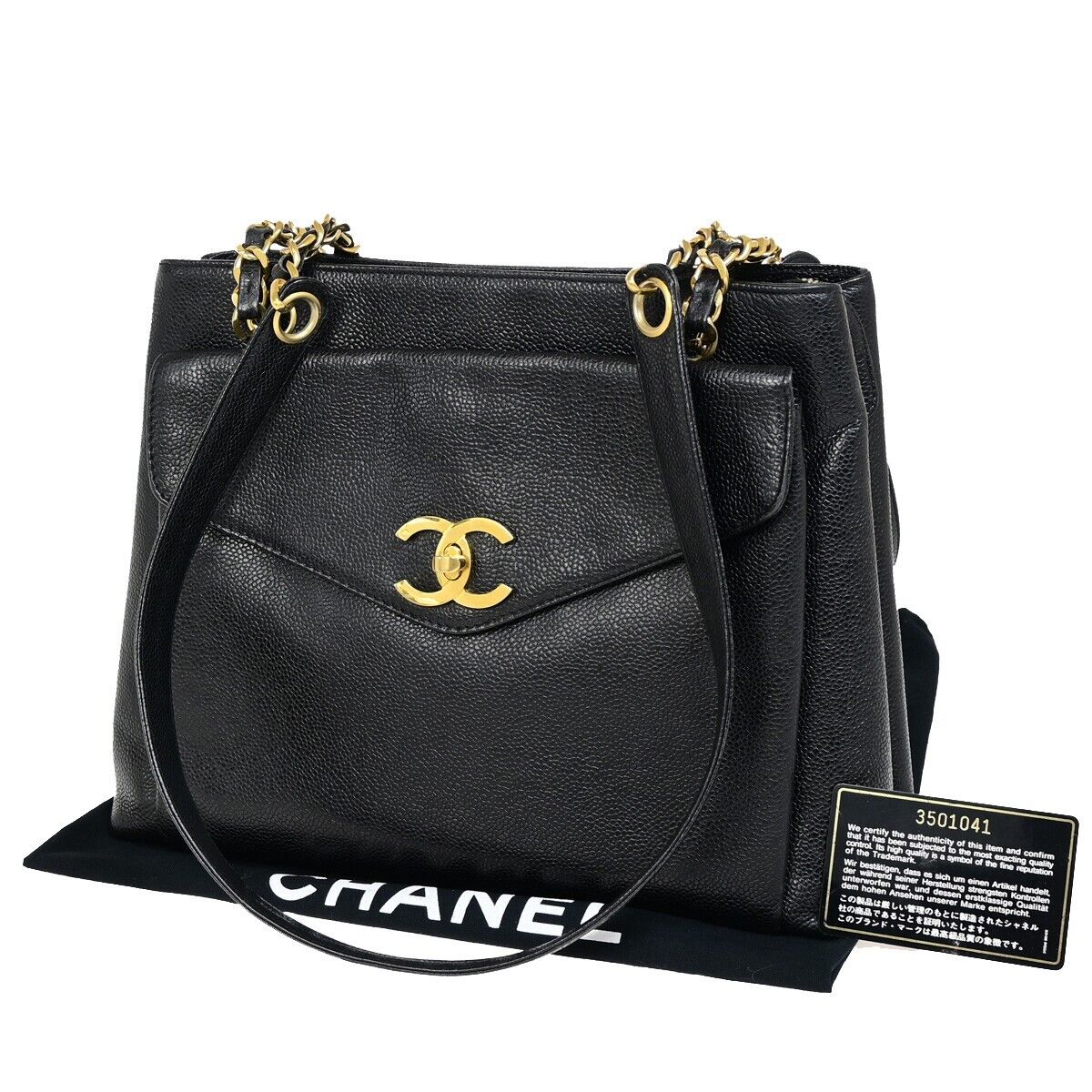 CHANEL CC Logo Chain Shoulder Bag Caviar Skin Leather Black GHW Italy 690RF155